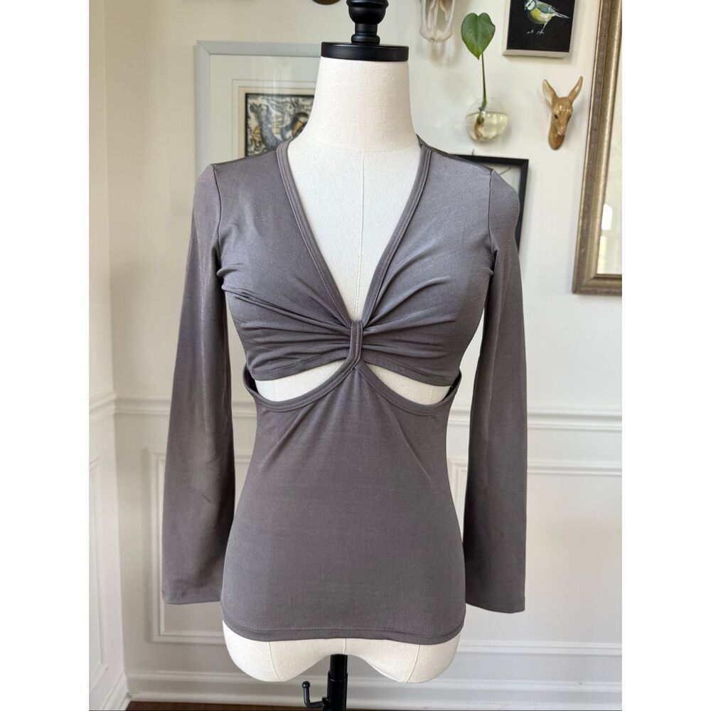 Vintage 90s Y2K Moda Intl Mica Taupe Cut Out Stretchy Sexy Club Indie Sleaze Top